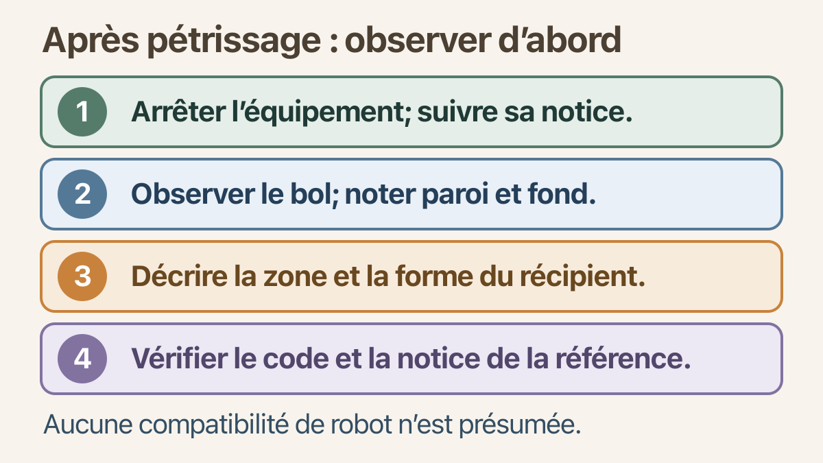 Quatre étapes numérotées : arrêter l’équipement, observer le bol, décrire la zone puis vérifier la référence et sa notice.